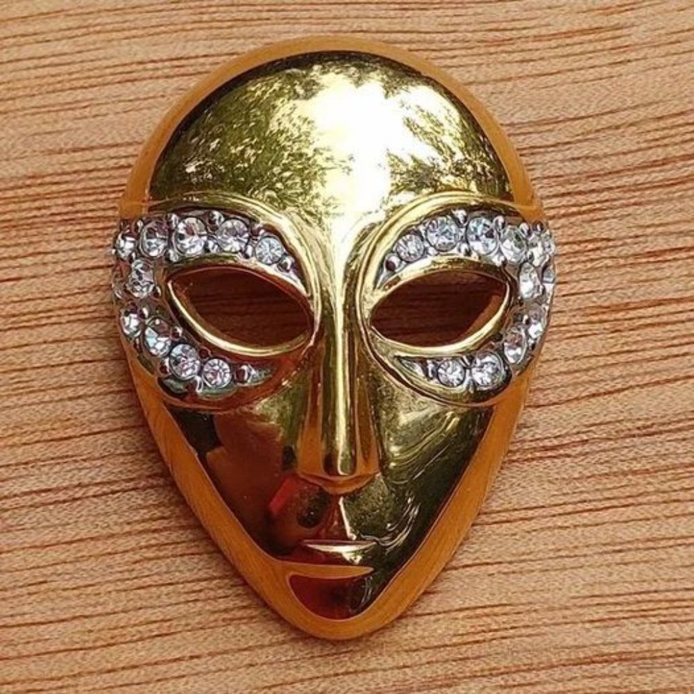Swarovski Crystal Gold Tone Mask Brooch BUTLER